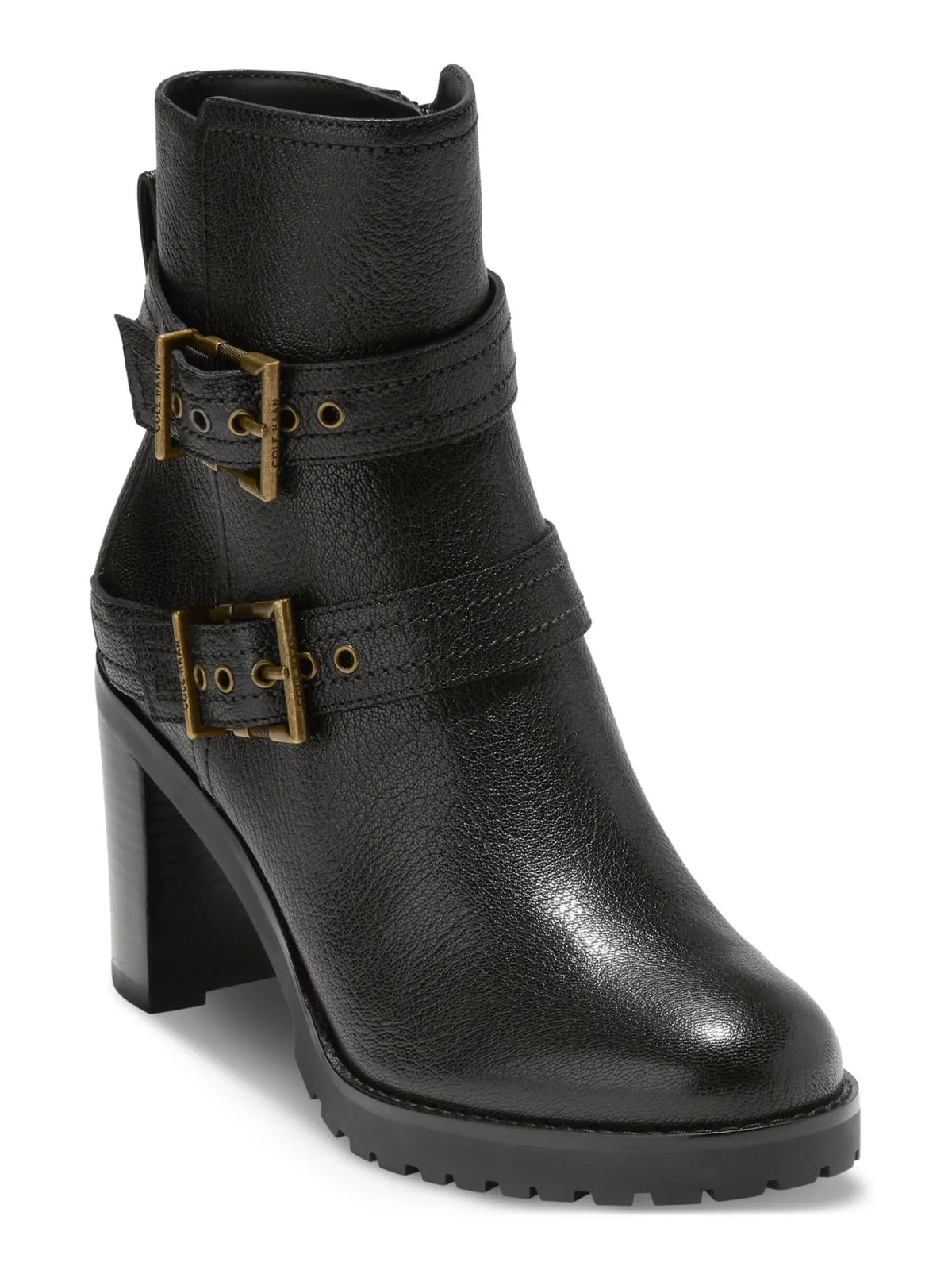 Foster Almond COLE Stacked HAAN 5 Womens Black B Leather Booties Zip-Up Toe Accent Heel Buckle