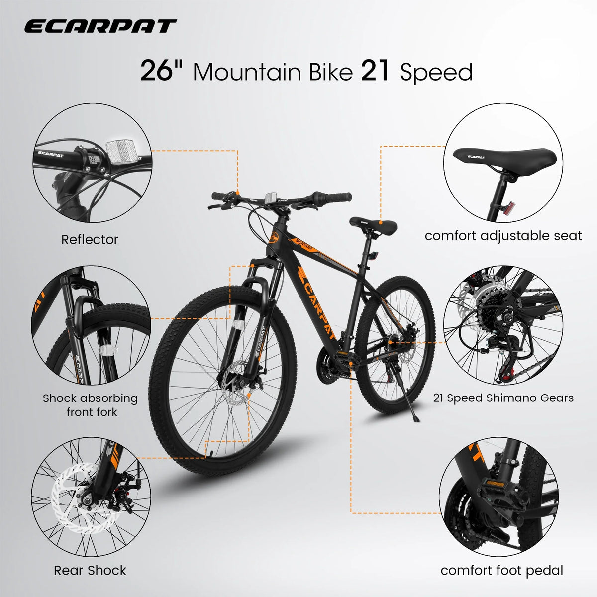 shock fork 21-speed bike frame adult inch aluminum absorbing orange. front 26 Ecarpat bike mountain brake, black disc