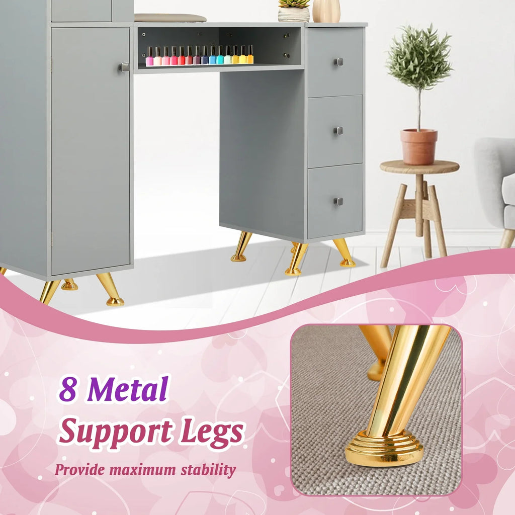 Nail Technician Acetone for Spa Home Desk Defensive for Table w/Large Mat, Beauty Storage Grey Manicure - Salon Plastic Space, Station & Rest Table w/Wrist Capacity Table Nail