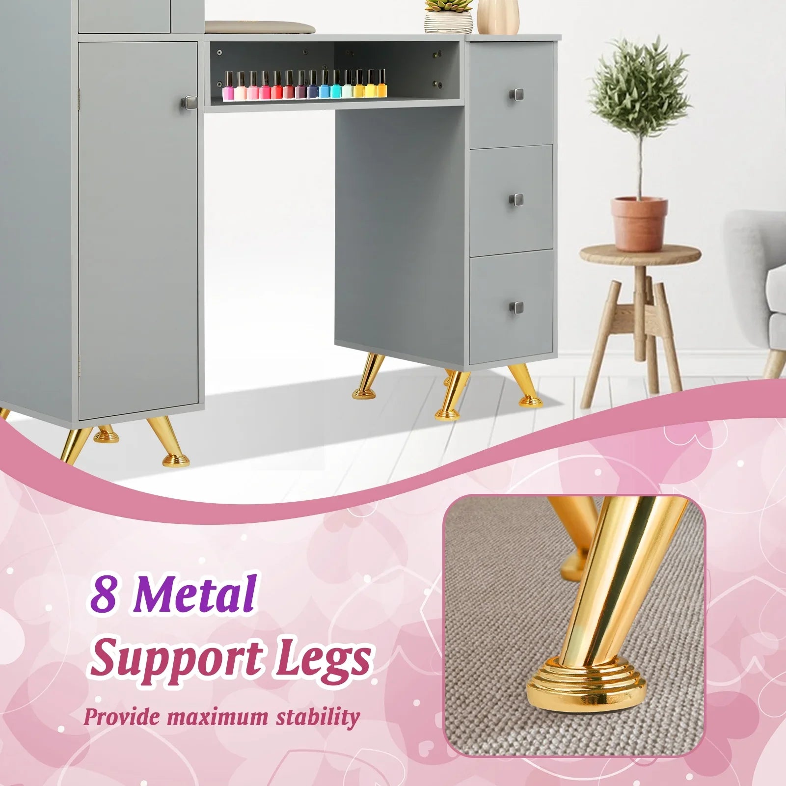 Nail Technician Acetone for Spa Home Desk Defensive for Table w/Large Mat, Beauty Storage Grey Manicure - Salon Plastic Space, Station & Rest Table w/Wrist Capacity Table Nail
