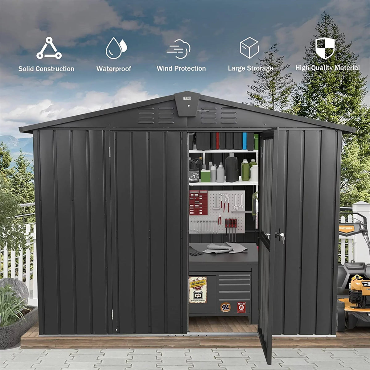 Garden Shed Cabinet Galvanized Storage Capri Metal Backyard, 8.2'x Can, exterior Storage for Trash Shed, Black for with Door Patio, Lawn, 6.2' exterior Bike, Lockable Steel