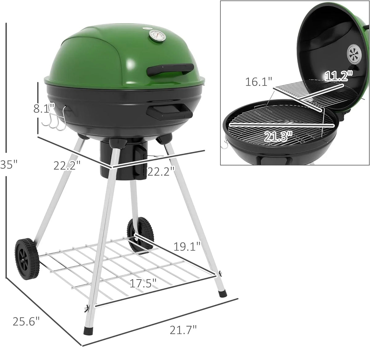 Shelf, Thermometer Green Ash Charcoal Kettle and with Cooking Area, Catcher Grill sq.in. exterior BBQ Trolley Wheels, 360 with for 21" Backyard Party, Built-in Patio, Barbecue