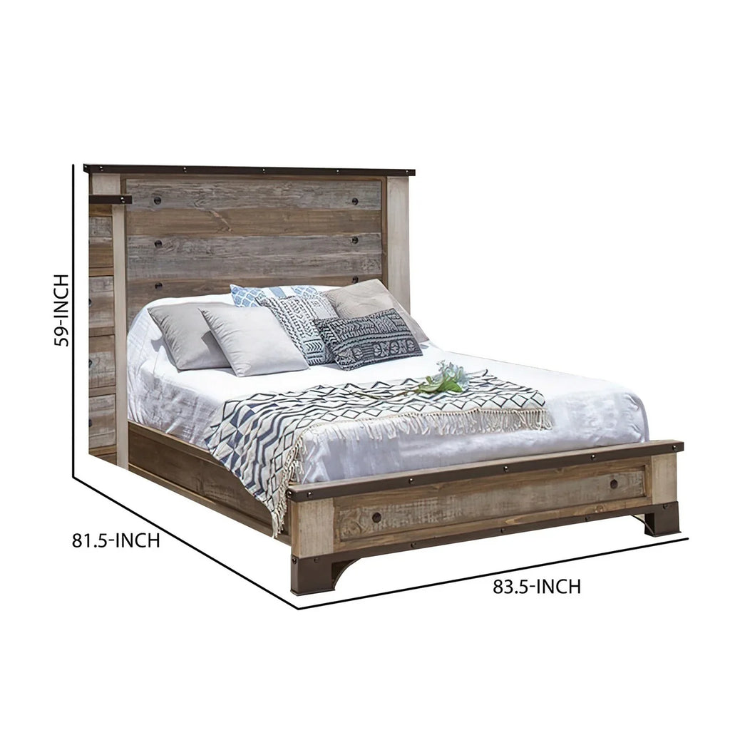 Round Fena Size Wood Black King Distressed Brown Bed, Multicolor Nailheads, Benjara