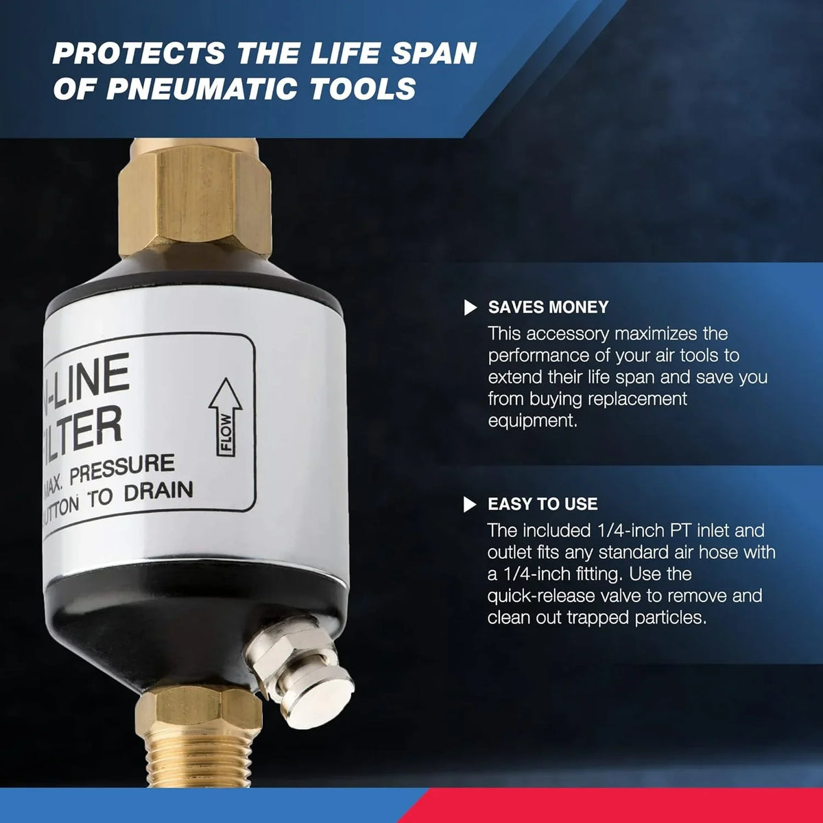 Tool NPT Compressor liquid | | PSI Tools Line NEIKO 150 1/4" Inlet Air Accessory Lifespan Separator Protect | for Air of | and Optimize 30253A Pneumatic Black Air | and and Performance, Oil Outlet