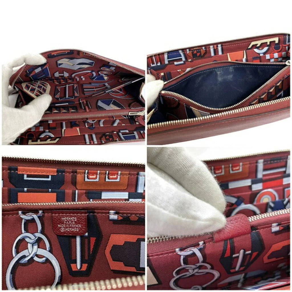 Round Azap Glenat Wallet Hermes Leather Long In (Good) Pre-Owned Rouge Bordeaux Epson Ladies Silk