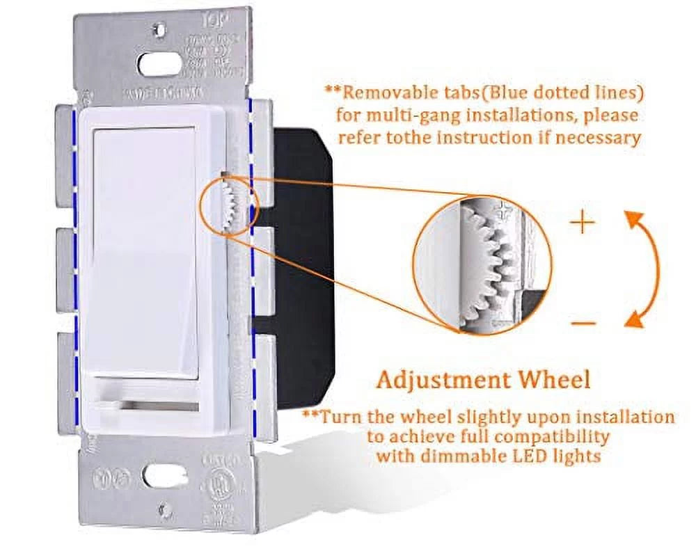 Included in LED Dimmable Plate Light/CFL/Incandescent,3-Way max,Cover Switch Watt Wall Bay Dimmer Single Pole Slide,600 for Cloudy