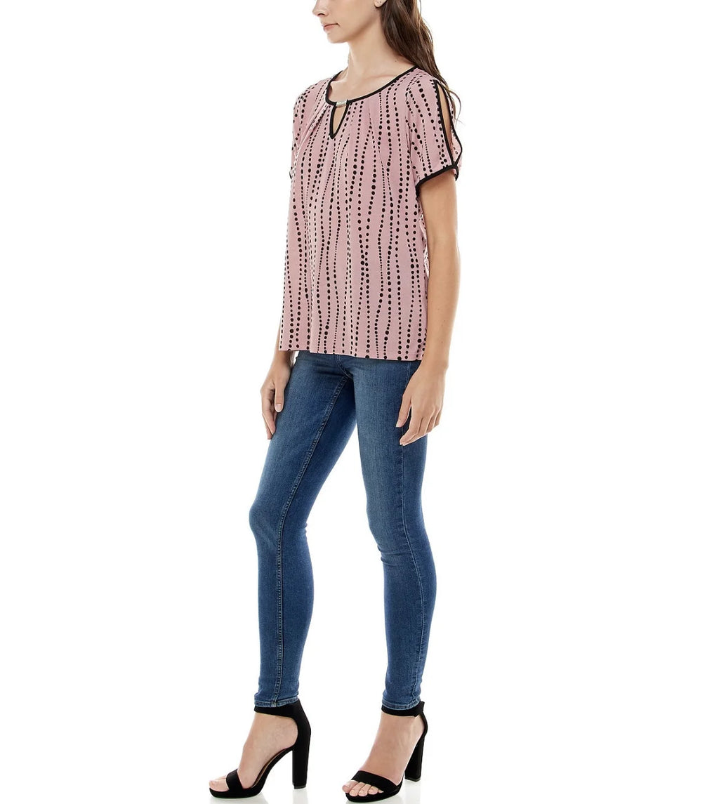 Size Women's and Contrast Top Adrienne Keyhole Sleeve Vittadini Split Binding