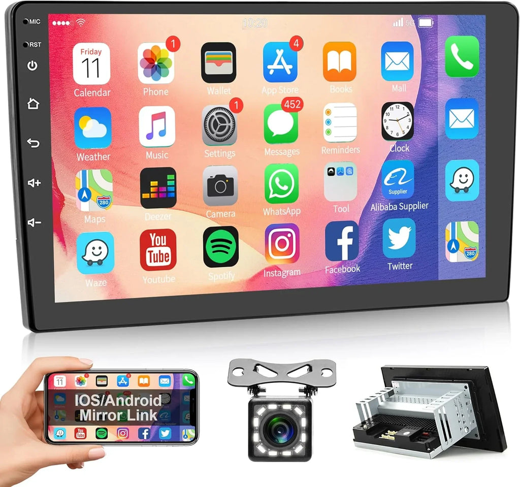 with 10.1'' with Screen Radio GPS Mirror Unit Head Android WiFi Bluetooth Touch Single Stereo USB + 1G+32G Car Camera Car Link Navigation FM Din Backup Rimoody