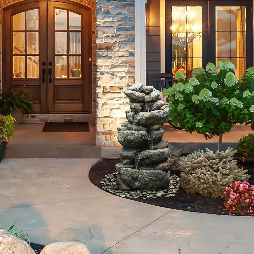 Fountain Moisturefall Floor Layer Fountain Stacked Outdoor Courtyard Garden 4 Cascading Resin For Fountain, Decorative Rock Backyard