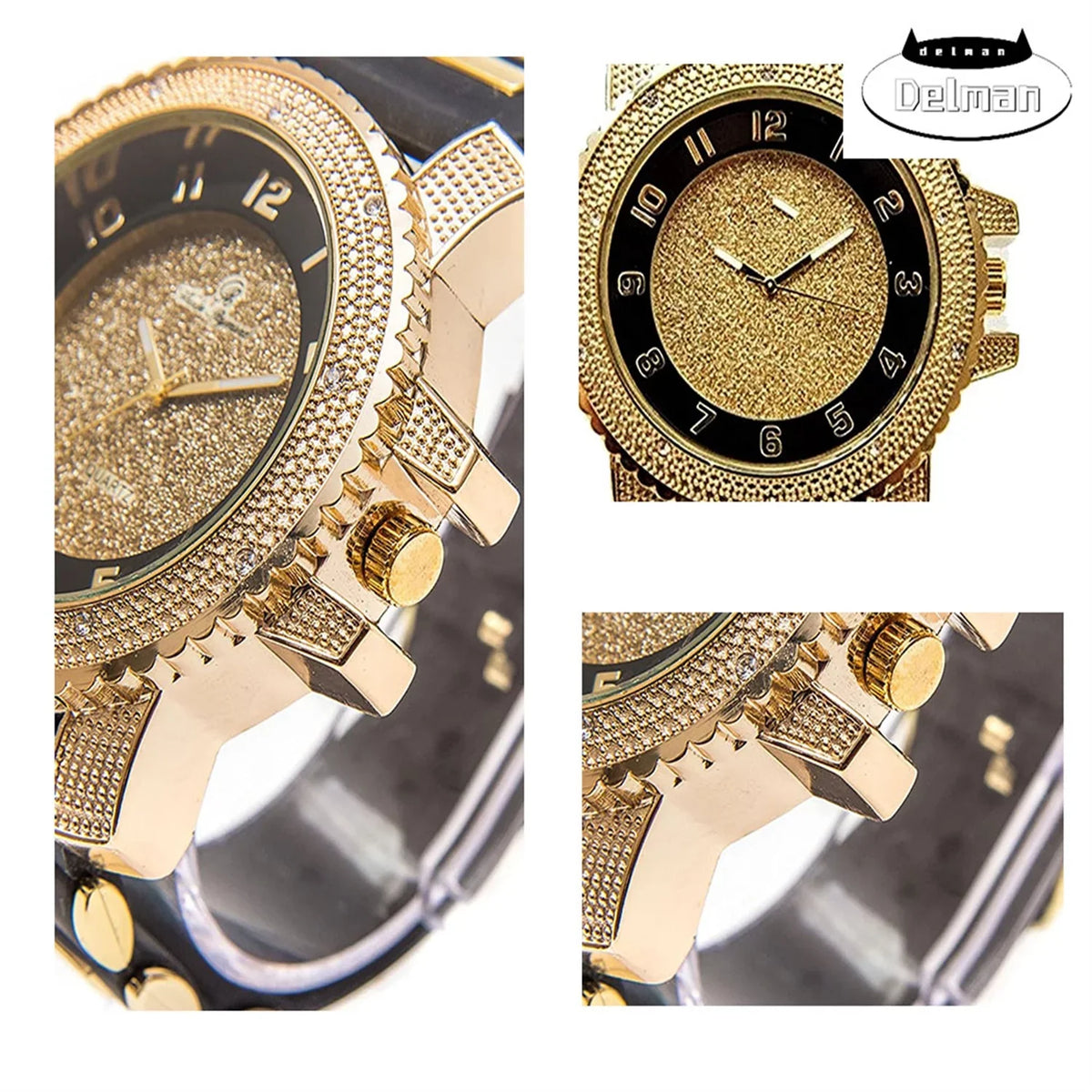 Bracelet Watch Bling-ed Gold Out Bullet Rubber Out Black Hop Tone w/Bling'd Gold Cuban Hip