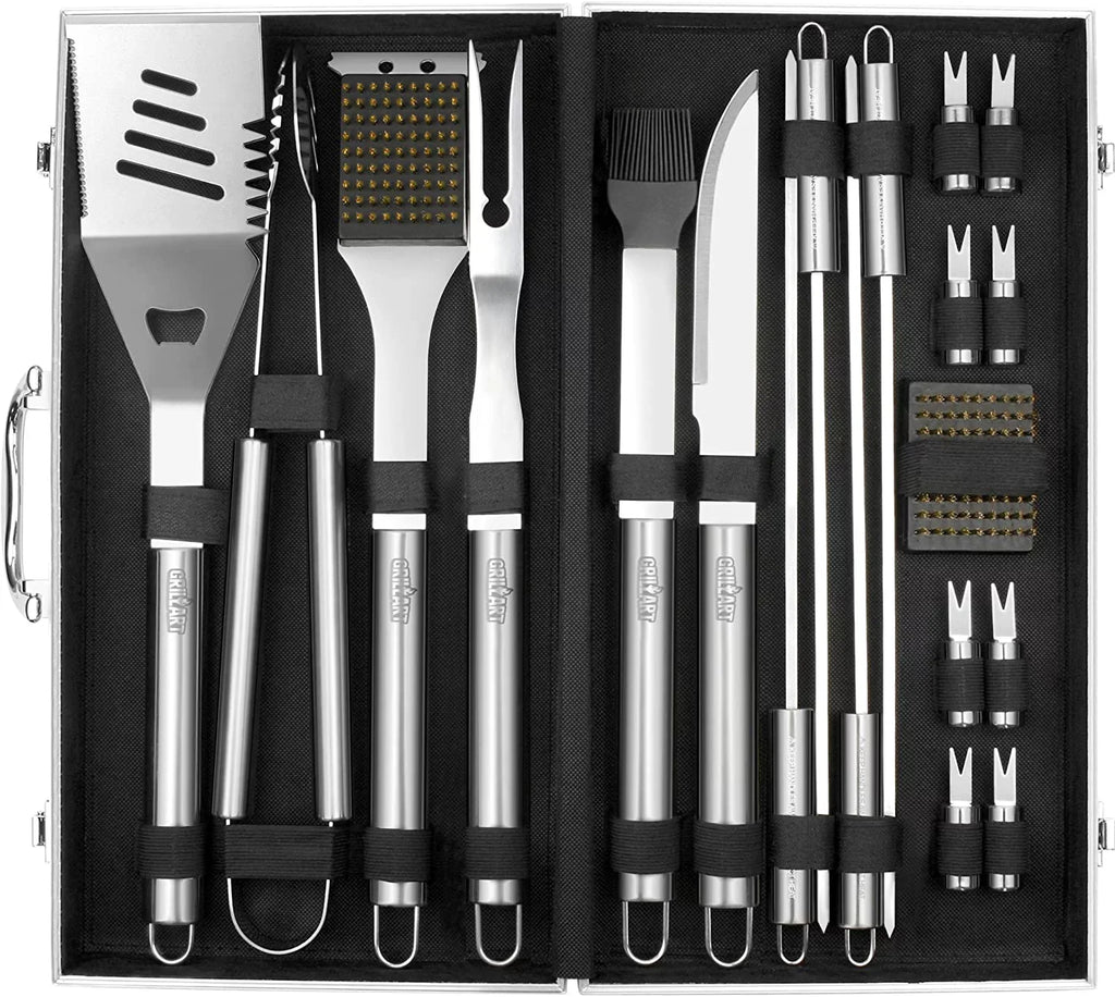 Tongs with Storage Tools Accessories Dad, Gift Reinforced for Aluminum Man Grill Outdoor Case Grilling for Birthday Utensil Kit 19-Piece Set Stainless-Steel -Complete Grill Barbecue