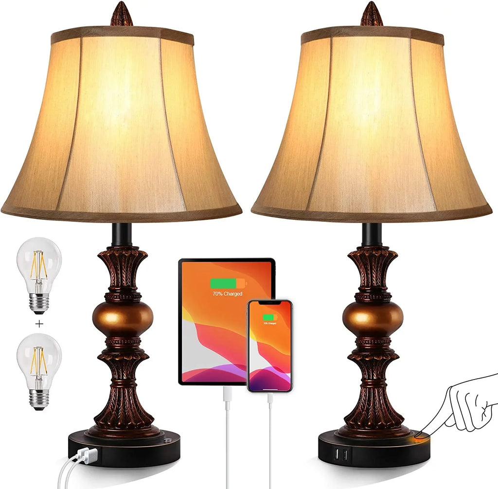 Control Lamp Traditional of Bulbs 2 Bedside 2 Table Dimmable Bedroom Port 4 Nightstand with Lamps, Set Free Sets Lamp 3-Way Nictiv Wooden Lamp with Touch