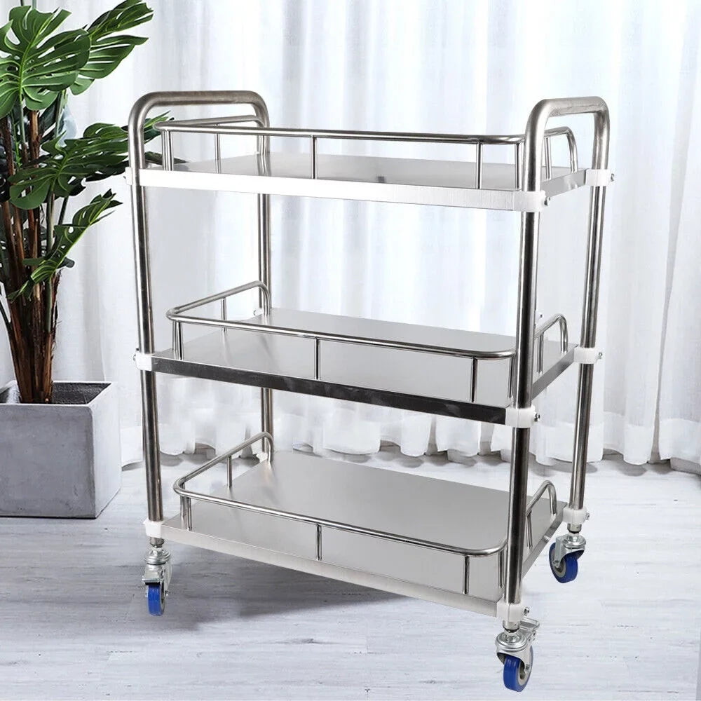 Home Trolley Layers Serving Shelves for Hotel Rolling Cart Locking Household Mobile Lab Use Steel Shelf Utility with 3 Cart Restaurant Storage Cart Multifunction Silent Silver Stainless Wheels