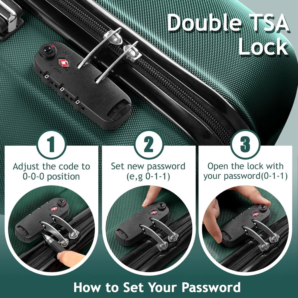 Luggage Hardside Suitcase ABS 3 & Spinner for with on Dark Sets Wheels Lightweight Business Green TSA Portable of Set lock, Travel - Luggages (20/24/28) Carry