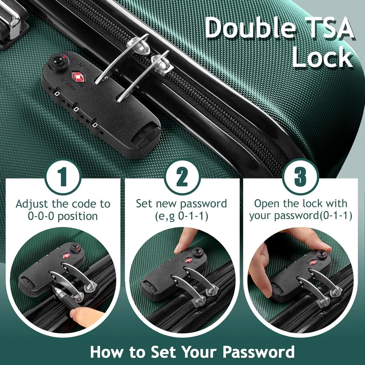 Luggage Hardside Suitcase ABS 3 & Spinner for with on Dark Sets Wheels Lightweight Business Green TSA Portable of Set lock, Travel - Luggages (20/24/28) Carry
