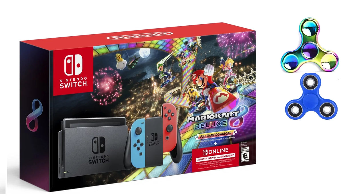with Mario 8 Kart Blue Red Switch Membership with Month Bundle Deluxe Spinner & Joy-Con, 3 Nintendo Ptech &