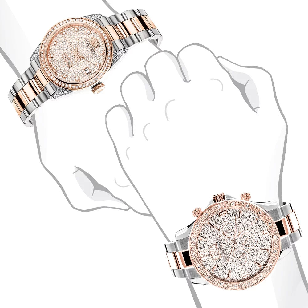 Watches: 18k Plated and & Mvt Swiss Diamond 1.7ct Set Hers Gold Rose Watch His Matching White