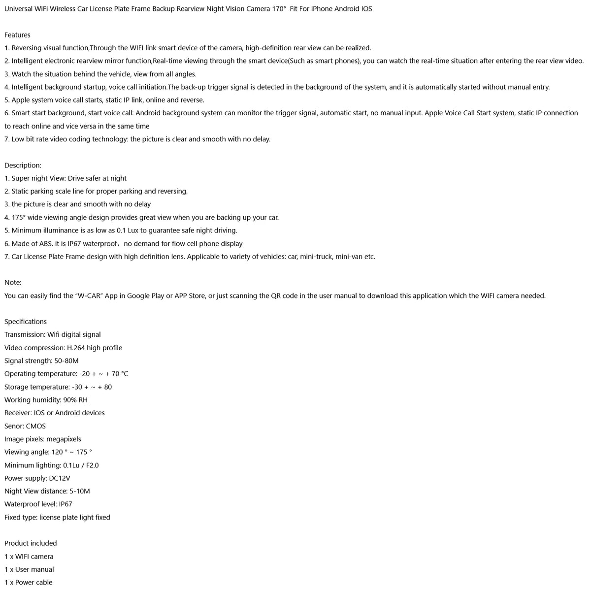 Rear iPhone Android Wireless 170 Camera WiFi Car Cam View Fit For Backup