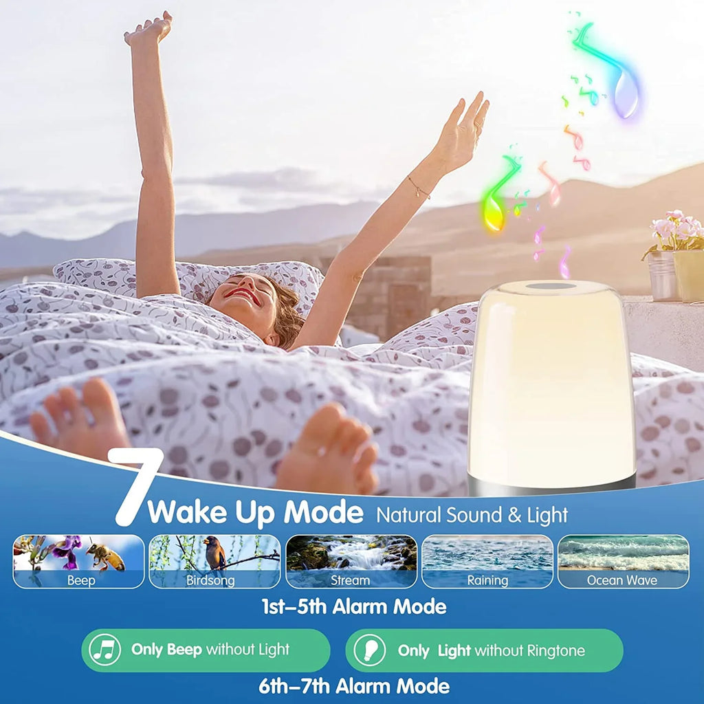 Kid Bedside Simulation Bedroom Lights, Wake Dimmable Timer Snooze Aid, Up Nursery for Light Lamp Sound Sleep Sleepers RGB Light Clock 7 Alarms, Night Heavy Alarm Sun Sunrise 7 Natural Adults,