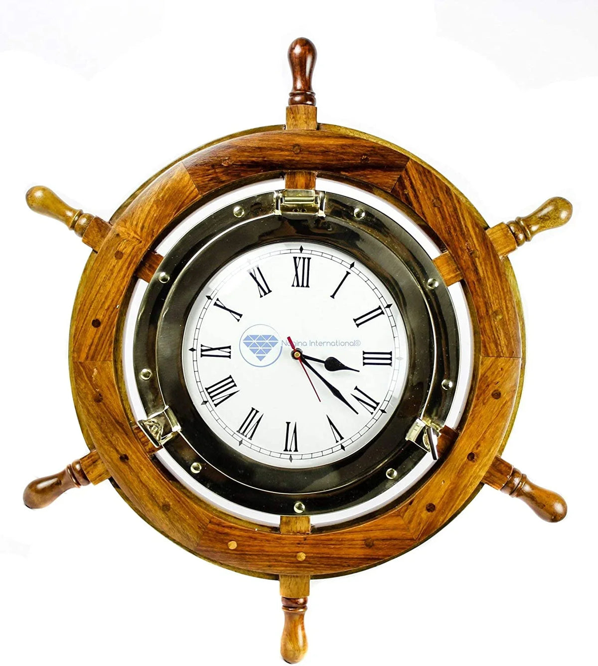 | Tim'es Vintage Brass Porthole Clock (18 Pirate's Wheel Inches) Maritime Gift Ship Full Nagina International Nautical