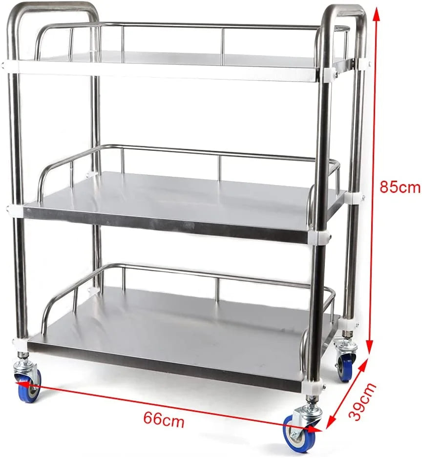 Home Trolley Layers Serving Shelves for Hotel Rolling Cart Locking Household Mobile Lab Use Steel Shelf Utility with 3 Cart Restaurant Storage Cart Multifunction Silent Silver Stainless Wheels