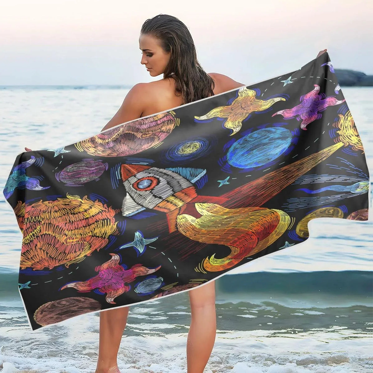 for Absorbent Holiday（366） Super Embroidered Universe Oversized Towel Pattern Travel - Towel - Quick Lightweight Camping Swimming Towels Beach Compact Dry Bestwell