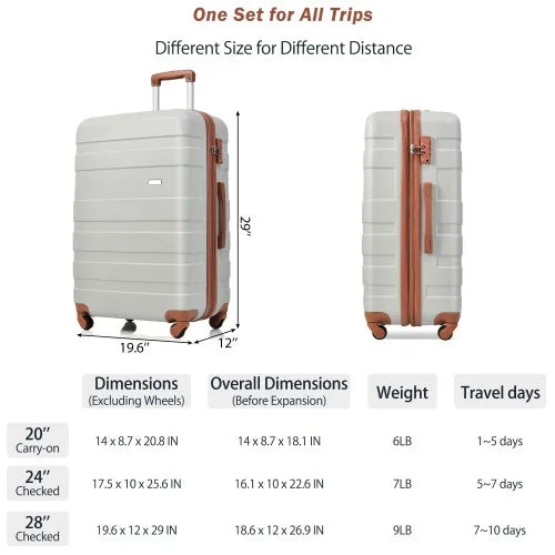 Model Light Lock Luggage 20''24''28''( Brown) Luggage 3pcs Clearance Expandable with and Sets Wheels Suitcase Lightweight Hardshell Grey Durable Spinner New Hardside Suitcase sets