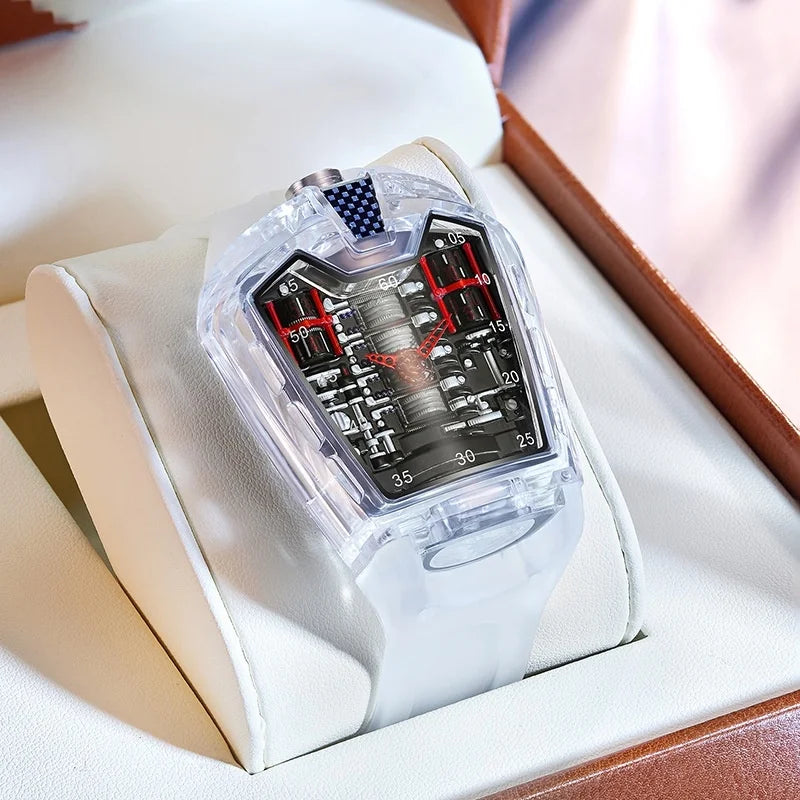 racing men's battery heart watch avant-garde A engine quartz transparent cool acrylic