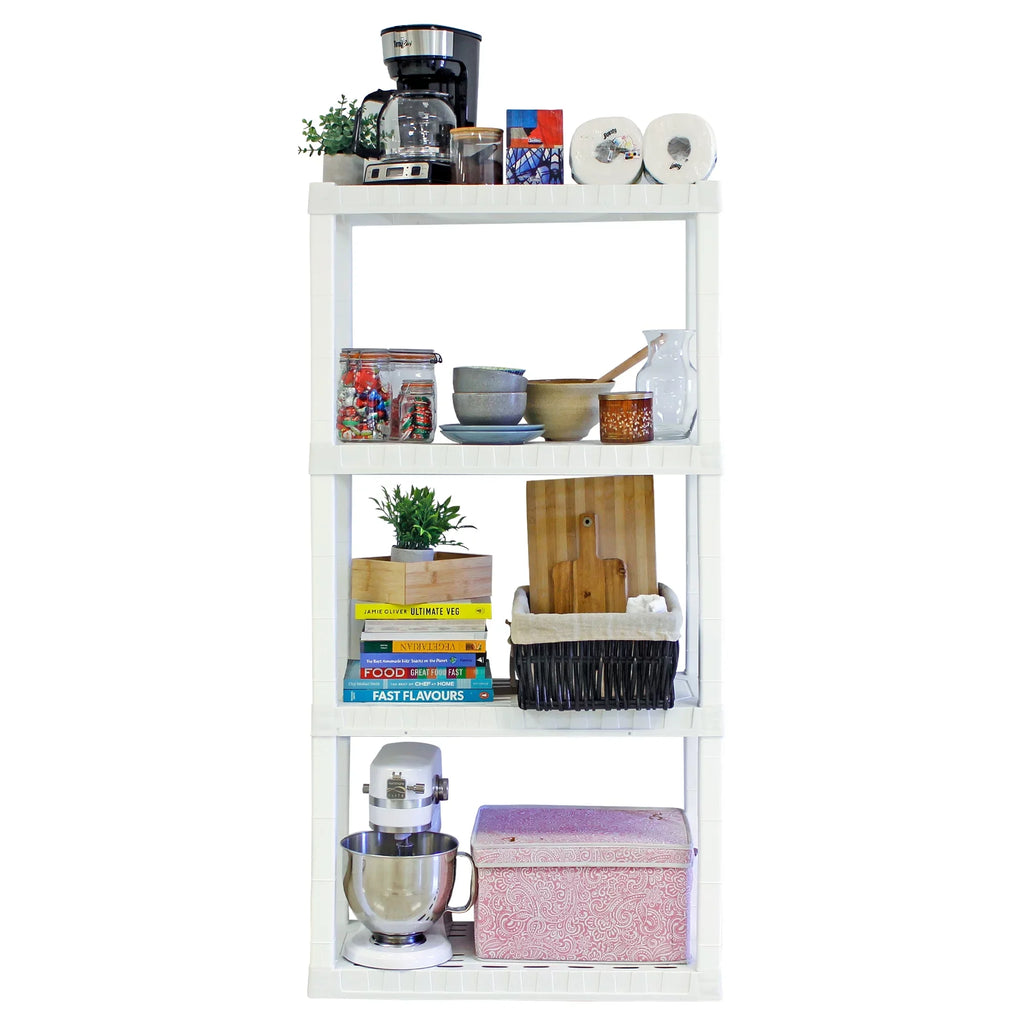 Tough Storage Shelving Hyper D14 4-Tier Shelf Unit, x Home Plastic x Multipurpose W30 Organizer, H57" White