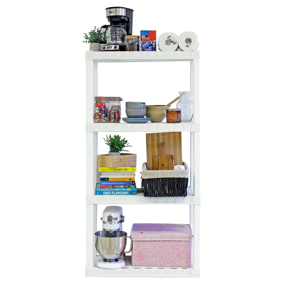 Tough Storage Shelving Hyper D14 4-Tier Shelf Unit, x Home Plastic x Multipurpose W30 Organizer, H57" White