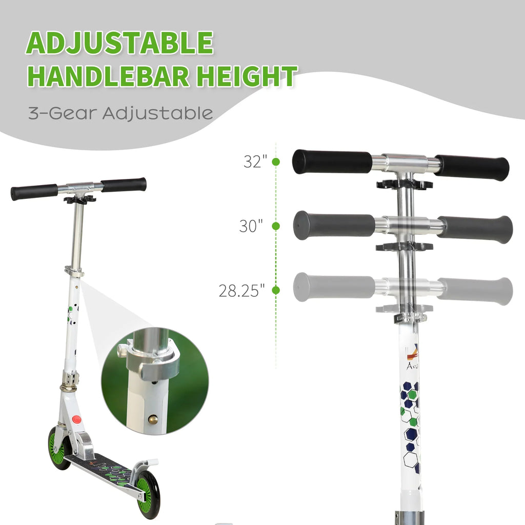 One-click Push Aosom Scooter Folding Handlebar, Kick w/ Kickstand, System, Girls, and & Adjustable with for Kids Boys Rider Dual Brake Durable Bearings, White Wheels Sturdy