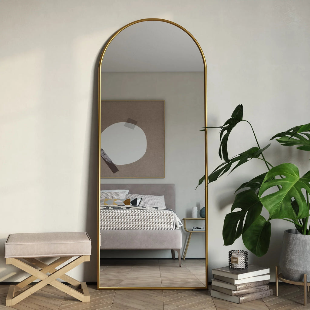 Nadia Mirror Floor Modern Arch Gold Metal 70"x28" Glam