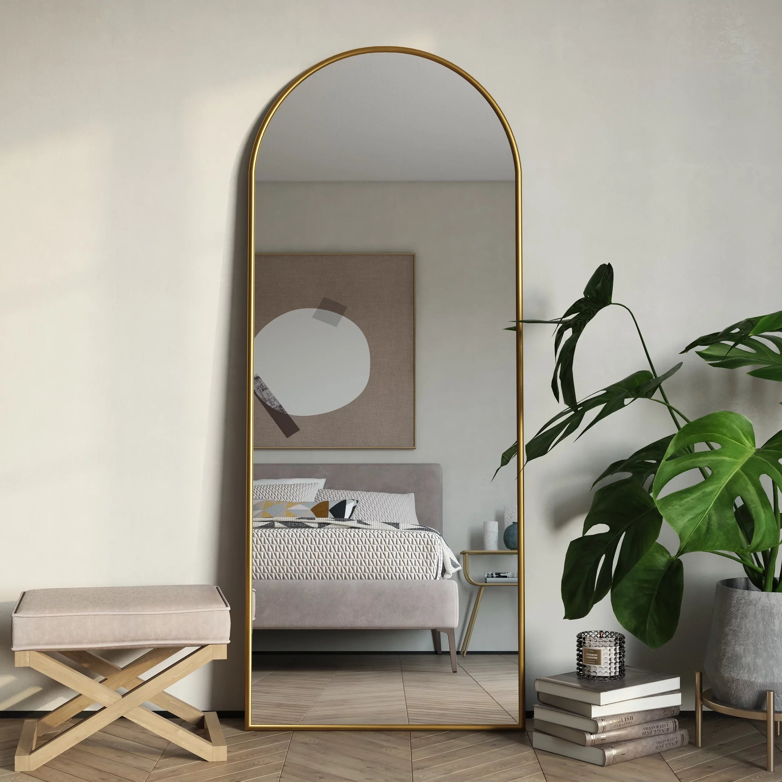 Nadia Mirror Floor Modern Arch Gold Metal 70"x28" Glam