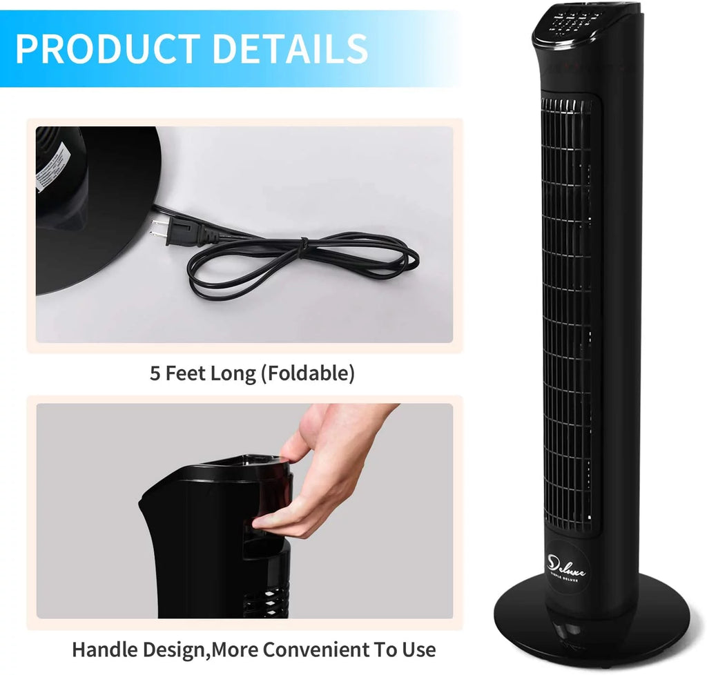 Oscillating Fan 32"Tower 90° Fans, Deluxe Remote, Fan Black with 4 Bladeless Speeds, with Standing Fan, Floor Simple