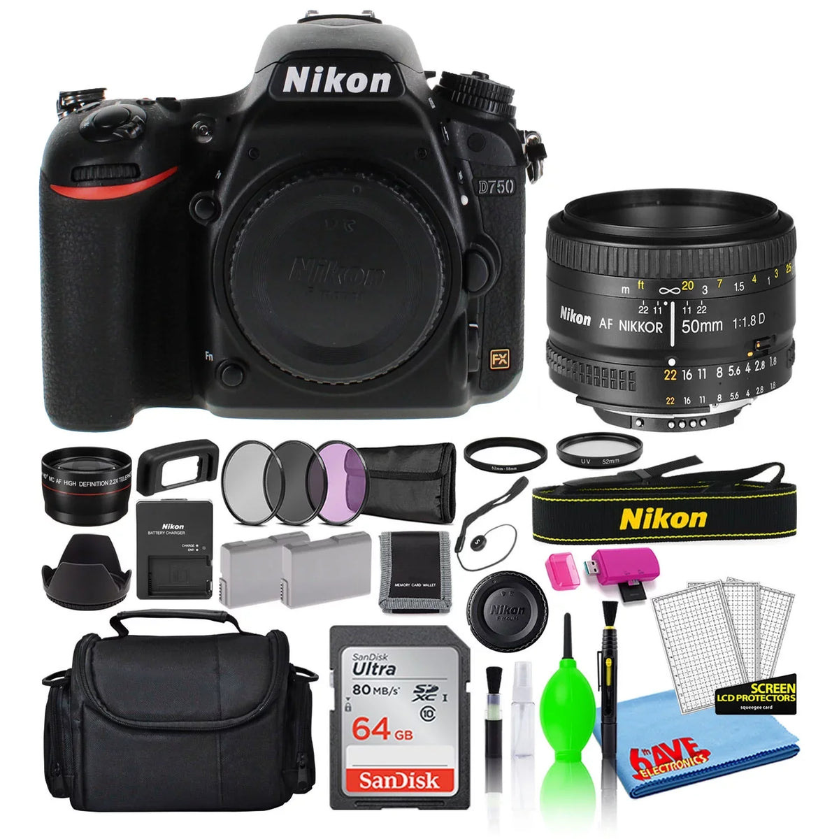 Bag D750 SanDisk Filter AF Bundle + Card Digital Nikon 50mm with + DSLR 24.3MP f/1.8D Spare Camera Kit with Lens Lens SD Telephoto + (1543) + Camera 64GB Battery