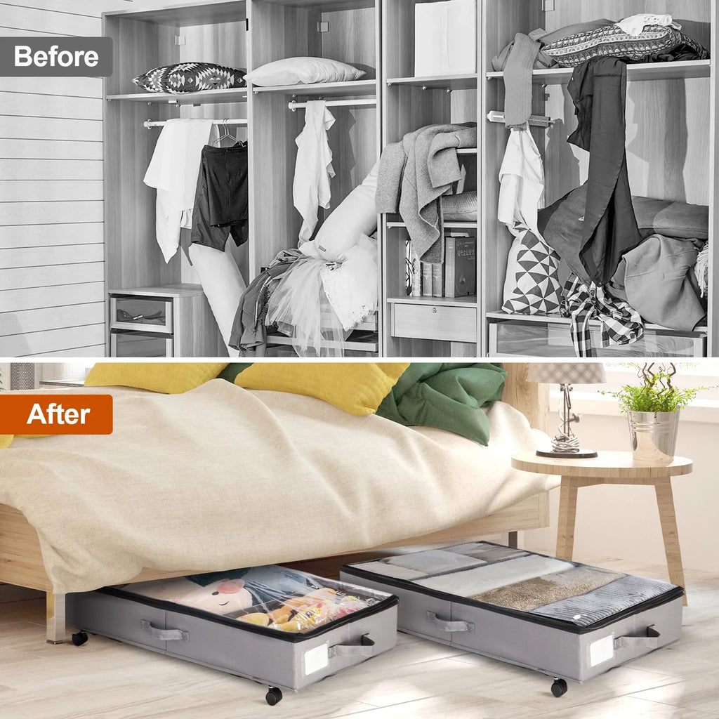 in Storage Drawer Bed Bed Shoe Rigidity with for Underbed Under Large Fabric Storage 42L Wheels, Extra Pack Under and Gray Organizer 2 Containers, Lid Blankets Oxford with Storage Clothes