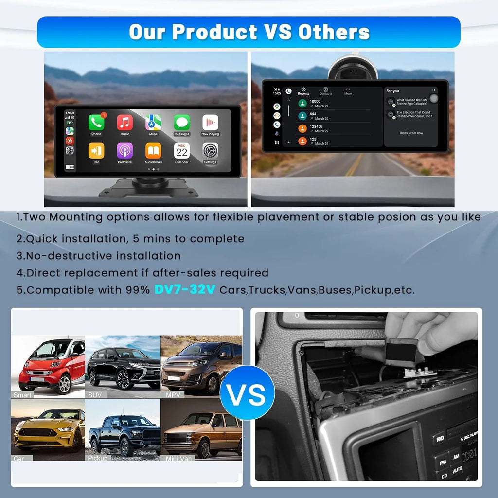 Wireless Podofo AUX Link Stereo Android Card&Backup Mirror Car with Portable FM Carplay 7-32V Bluetooth Camera Vehicles, Suv Auto Screen for 10.26" Touch 64G Van Car Pickup Radio