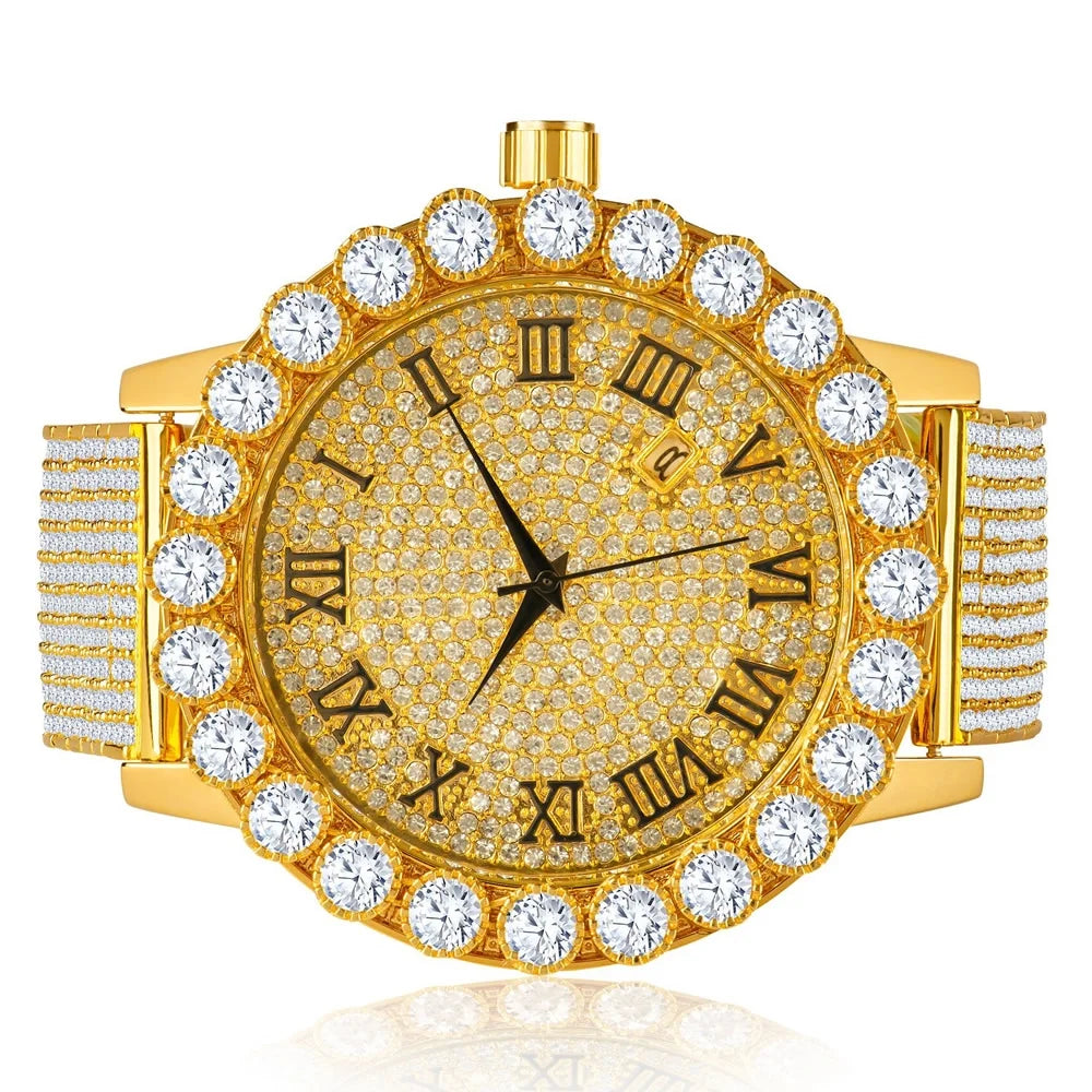 Stainless W/Date Iced Row Men's Out Bezel 10 Back Diamond Roman Yellow lab 18K Band Custom Solitaire Finish Khronos Dial Watch Steel Gold