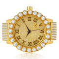 Stainless W/Date Iced Row Men's Out Bezel 10 Back Diamond Roman Yellow lab 18K Band Custom Solitaire Finish Khronos Dial Watch Steel Gold