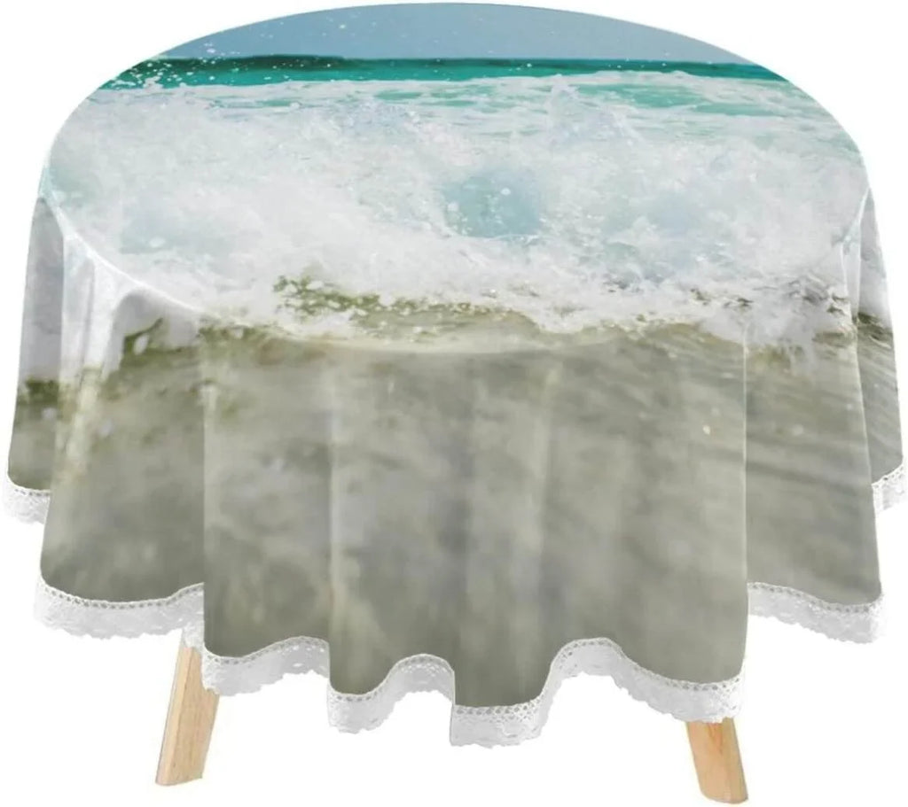 Wrinkle Decor Indoor Party Circular Kitchen Lace Summer for Shield Ocean Wave Round Tablecloth Sea Free, Table 60inch Washable Dining Tropical