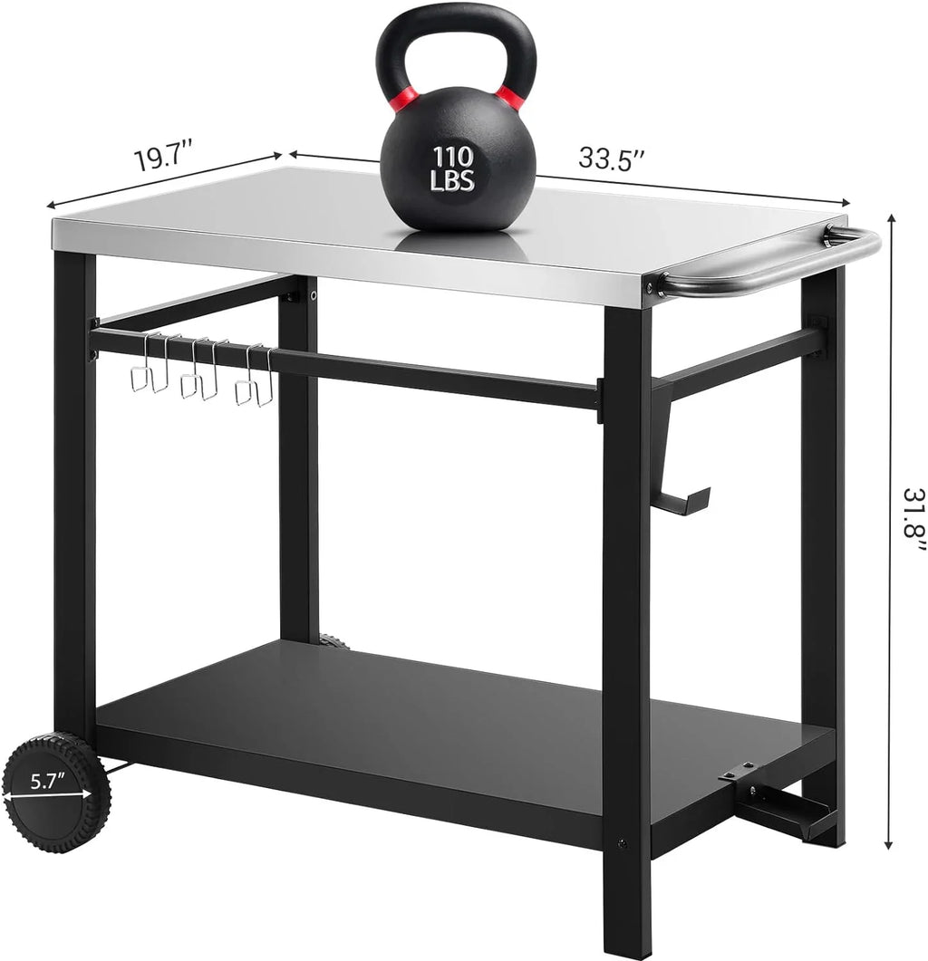 Handle, Food L33.5 Cart, on Movable w/Hooks, 2 Pizza Prep Table, Table Work Oven Kitchen Cart, x Wheels, Double-Shelf Worktable Stainless x Steel Bar Dining H31.8 W19.7 Dining exterior Room
