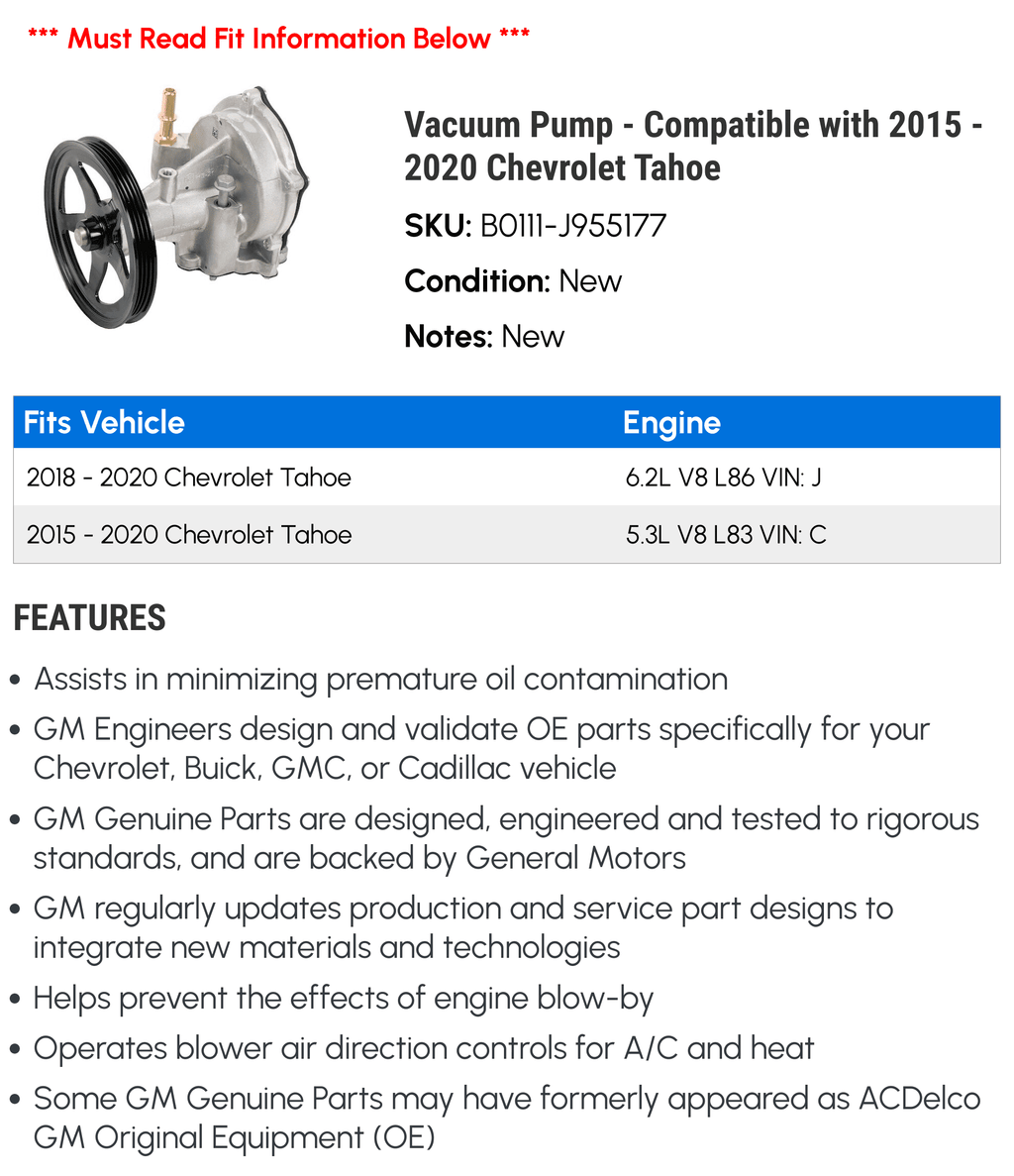 2017 2015 Fits Tahoe Vacuum - Chevy 2016 with 2018 - 2020 2019 Pump