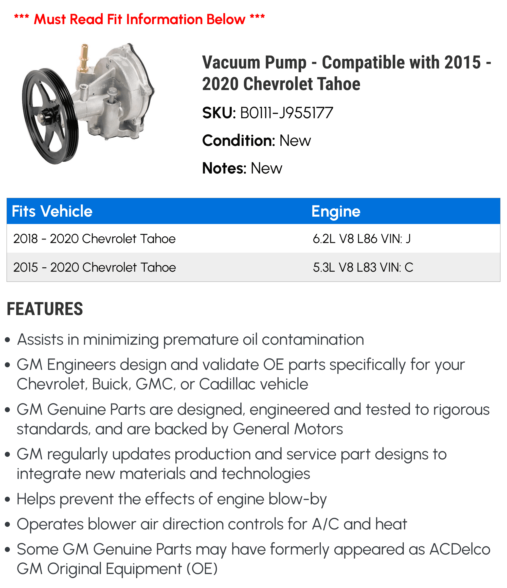 2017 2015 Fits Tahoe Vacuum - Chevy 2016 with 2018 - 2020 2019 Pump