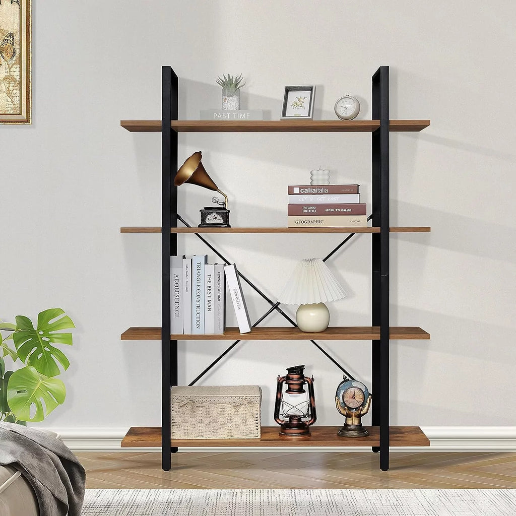 Display Office, Rustic Frame, 4-Tier DIQIN Shelf, Tall Home Shelves Bedroom, Living Book Bookshelf, Open for Bookcase Brown Metal with Room,