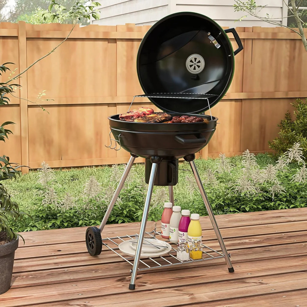 Shelf, Thermometer Green Ash Charcoal Kettle and with Cooking Area, Catcher Grill sq.in. exterior BBQ Trolley Wheels, 360 with for 21" Backyard Party, Built-in Patio, Barbecue