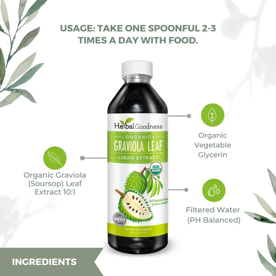 Ð & Cell Leaves Bottle (Guanabana) GMO, Extract Relief Support Leaf USDA Liquid Organic, Regeneration Ð Ð & Boost Graviola Kosher 12oz Immune - - Soursop Non - Stress