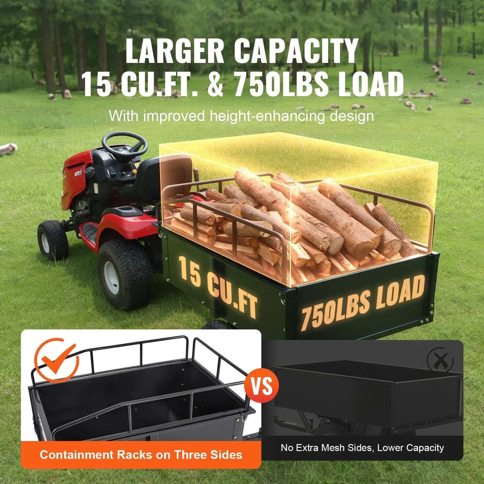 with Feet 15 750lb Steel Garden Capacity, Cart Heavy Trailer for Lawn Mower Tractor Trailer, Dump Utility Cubic Duty Riding