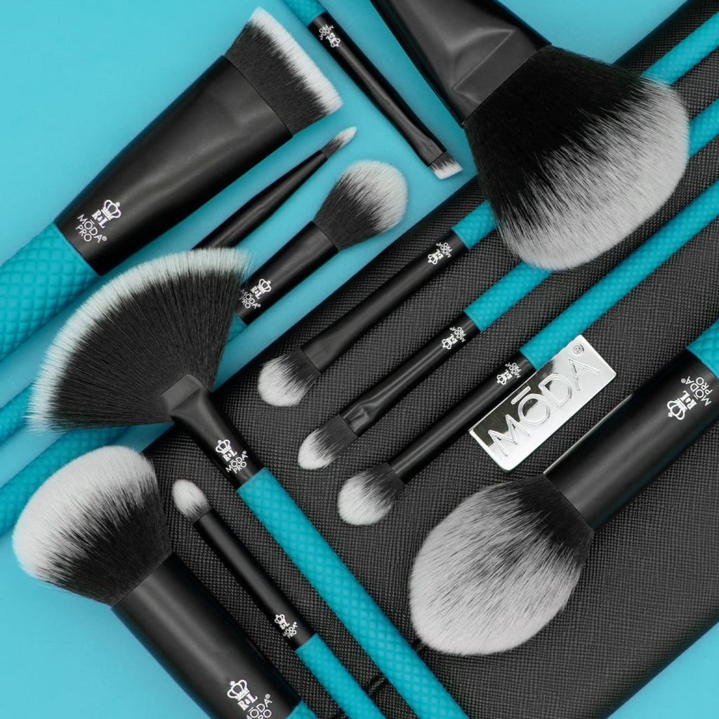 Crease Brushes Brush Highlight, Wrap, and Face Moda Flat 13pc Brush with Powder, Teal Includes Set Full Makeup Pro Makeup