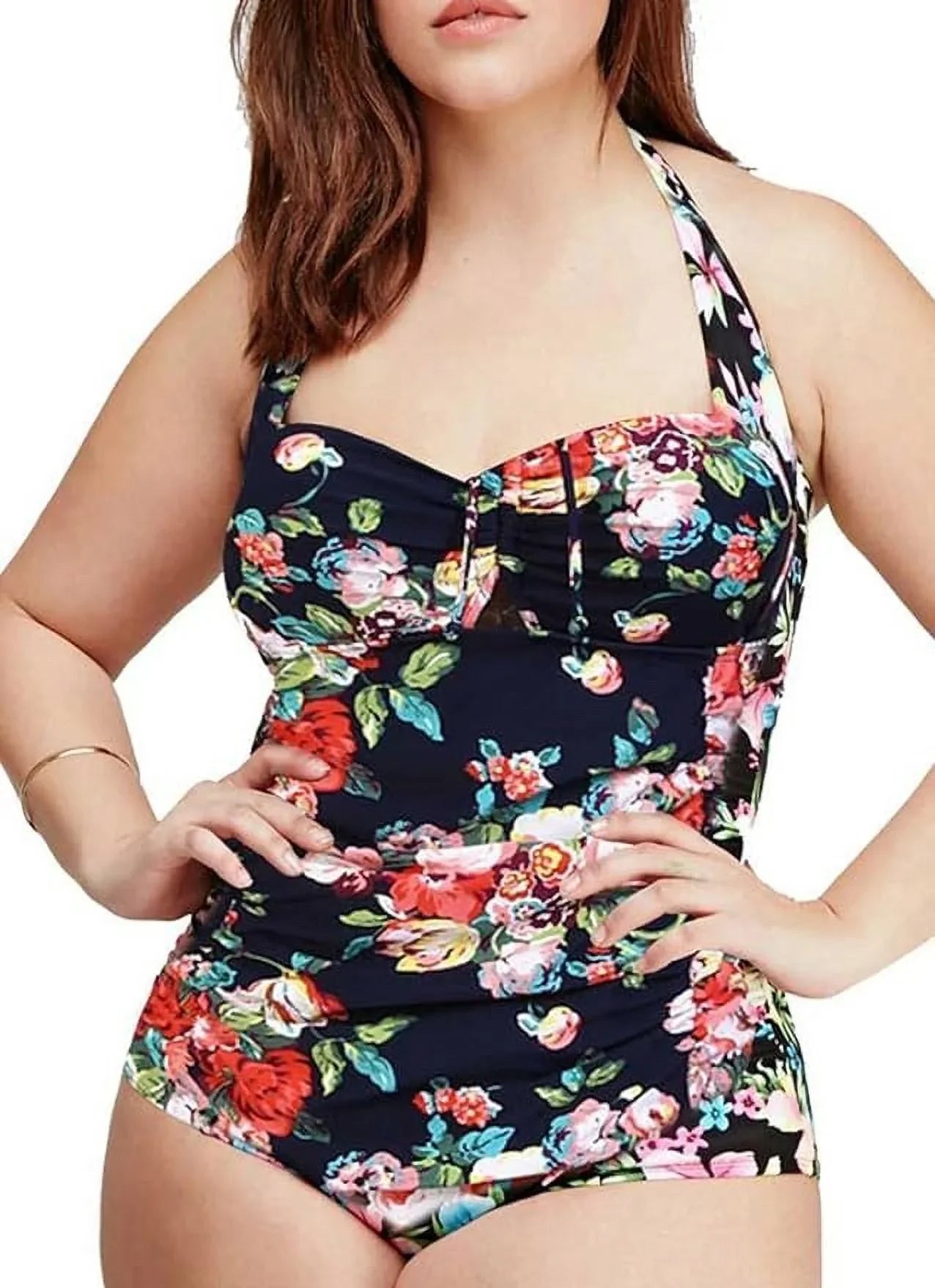 One Plus Vintage Monokini Women's Piece QZUnique Tummy Size Ruched Swimsuit Control Bathing Halter Suit Swimwear