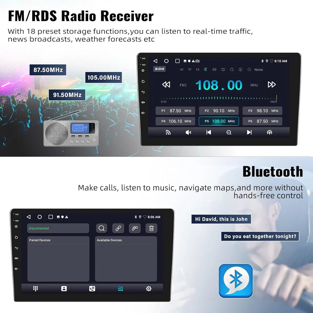 with 10.1'' with Screen Radio GPS Mirror Unit Head Android WiFi Bluetooth Touch Single Stereo USB + 1G+32G Car Camera Car Link Navigation FM Din Backup Rimoody